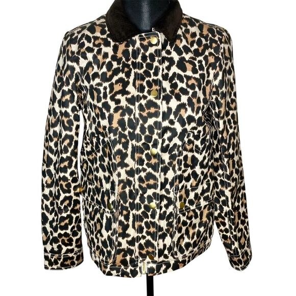 J Crew Barn Jacket Rain Utility Leopard Print Coat Brown Black Ivory Size XS - Picture 3 of 16